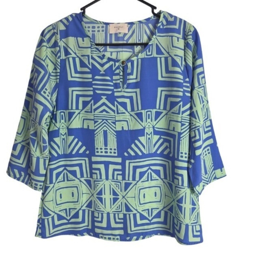 Everly Tiki Blouse S Womens‎ Y2k Look Blue Green Aztec Geometric Print